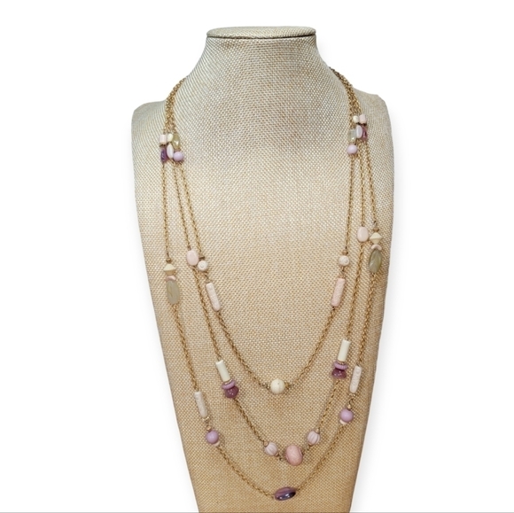 Long layered three stand necklace pink and cream beads on gold tone chains - Picture 3 of 13